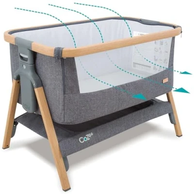 Abbildung von Tutti Bambini CoZee® 2 in 1 Baby Beistellbett &amp; Reisebett mit Matratze 6 Fach höhenverstellbar atmungsaktivem Mesh Fenster Faltbares Babybett Rollen 0 Monate (Eiche Anthrazit)