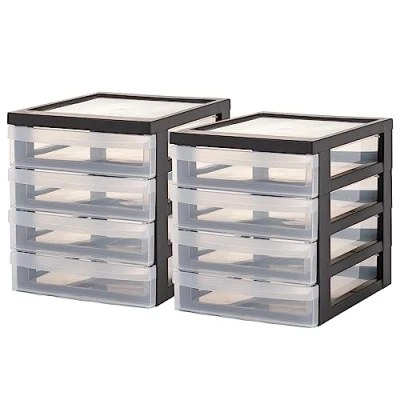 Abbildung von Iris Ohyama Schreibtisch Schubladen Set, 4 flache Schubladen, 2er Pack, Schwarz, Leicht zu öffnende A5, Transparent, für Home Office, Dokumente, Zubehör, Akten, Papier, BPA frei, DC A5