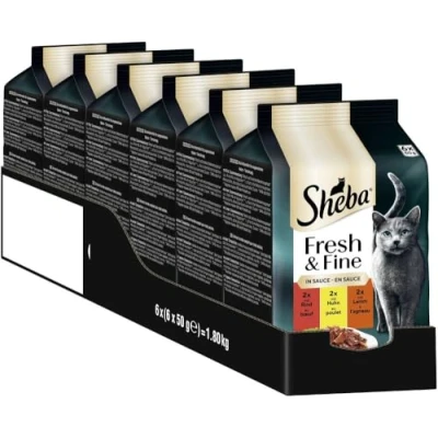 Abbildung von SHEBA Portionsbeutel Katzennassfutter Multipack Fresh &amp; Fine in Sauce mit Rind und Huhn, 6x6x50g Premium Katzenfutter Sauce, ideal für Ihre Katze