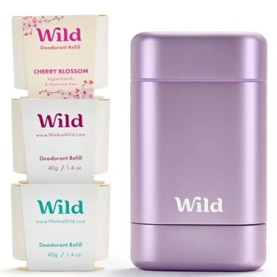 Abbildung von Wild Natürliches nachfüllbares Deo Aluminiumsalzfrei Lilafarbener Deobehälter mit Nachfüll Sortenpaket Enthält Fresh Cotton &amp; Sea Salt, Cherry Blossom, Coconut Vanilla Düfte Vegan