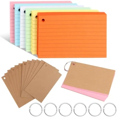 Abbildung von TNEDFOD 300 Blätter Karteikarten, 12,3 x 7,3 cm Linierte Karteikarte mit Ring und Kraftpapier Karten, Bunt Papier Karten Karteikarten für Vokabeln Lernen, Lernen Formeln, Oder Notizen (6 Farben)