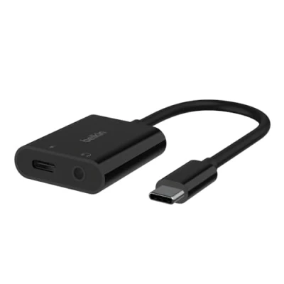Abbildung von Belkin RockStar 3,5mm Klinken Audio und USB C Ladeadapter Adapter Typ zu 3,5 mm Klinke, 4,68 cm, kompatibel mit PD Quick Charge 2.0