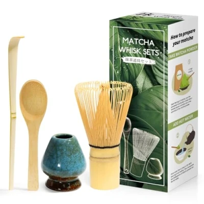 Abbildung von 4 Stück Matcha japanisches Zeremonienset, MatchaBesen aus Naturbambus, Löffel Bambus, Schaufel Quirlhalter, Zubehör für die Teezeremonie, das Getränk Blau