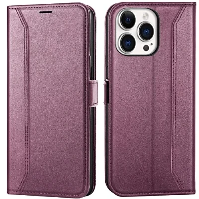 Abbildung von Verco Handyhülle für iPhone 14 Pro, Premium Klapphülle Handy Flip Case Apple Pro Hülle Book Tasche, Brombeere