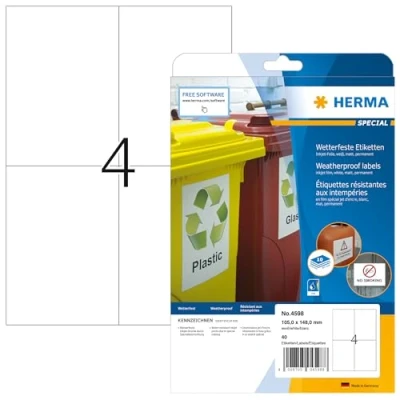 Abbildung von HERMA 4598 Wetterfeste Folienetiketten für Inkjet Drucker, 10 Blatt, 105 x 148 mm, 4 pro A4 Bogen, 40 Stück, selbstklebend, bedruckbar, matt, Klebeetiketten Aufkleber Tintenstrahldrucker, weiß