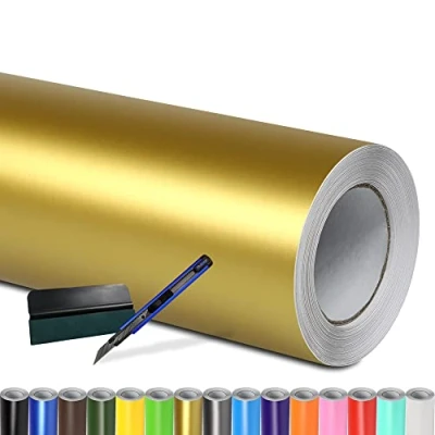 Abbildung von Folindo® Autofolie Gold Matt (7/m²) 10 x 1,52 m + Rakel &amp; Cutter Selbstklebende Luftkanal Folie zur Auto Folierung Blasenfrei