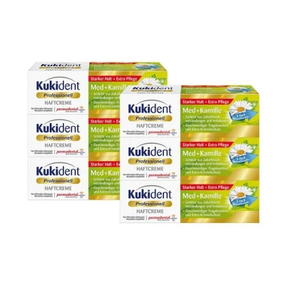 Abbildung von Kukident Zahnpflege Set Haftcreme Med+Kamille Zahnreiniger (6 x 40 g), Spar Pack, 6 tlg., Starker Halt &amp; Extra Pflege