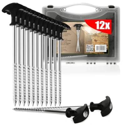 Abbildung von com four® 12x Zelt Heringe aus Stahl robuste Erdnägel mit Gewinde in Transportbox für Camping und Outdoor ideal normalen harten Boden T Griff 170x7mm