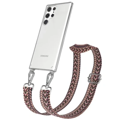 Abbildung von EAZY CASE Handykette Einstellbarer Trageriemen kompatibel mit Samsung Galaxy S22 Ultra, Schulterriemen, Riemen, Hülle aus Silikon, DIY Kettenkombination, Beere/Rosa Metall Silber