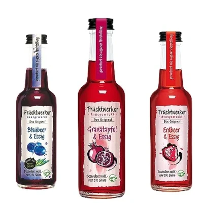 Abbildung von Fruchtwerker Essig und Granatapfel Set I Verschiedene Sorten Fruchtig Fruchtessig Rein Pflanzlich Süß In Glasflaschen (Granatapfel + Blaubeer Erdbeer)