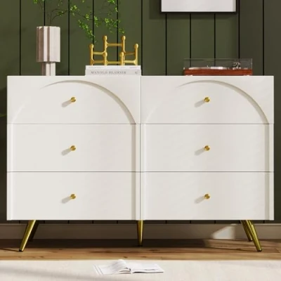 Abbildung von Merax Kommode mit 6 Schubladen, Weiß Sideboard Schubladenschrank, Modern Beistellschrank Mehrzweckschrank viel Stauraum, Highboard für Esszimmer, Wohnzimmer, Flur &amp; Schlafzimmer, 120 x 40 85 cm