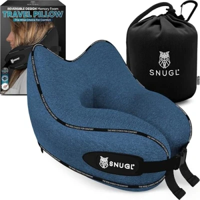 Abbildung von SNUGL Nackenkissen Memory Foam Waschbar &amp; Verstellbar Kuscheliges Nacken Reisekissen Für Flugzeug, Auto Unterwegs Reise Kissen Nackenhörnchen, Neck Travel Pillow (Blau, Erwachsener Klein)