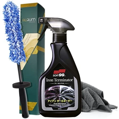 Abbildung von detailmate Felgenreinigungsset: Soft99 Iron Terminator Felgenreiniger 500ml + Aurum ultraFlat Microfaser Felgenbürste Mikrofasertuch 320GSM