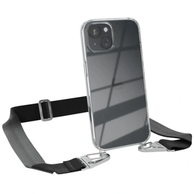 Abbildung von EAZY CASE Hülle mit Band kompatibel iPhone 15 Handyhülle Umhängeband für Silikonhülle Transparent Schutzhülle Handykette zum Umhängen Handykordel Smartphone in Schwarz