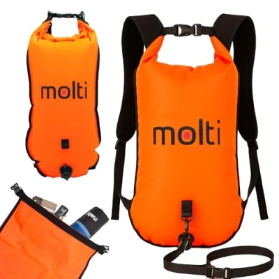 Abbildung von molti 2in1 aufblasbare Schwimmboje und Trockensack 15L 28L Pull Boje für Erwachsene Baywatch Orange Sicherheit beim Schwimmen Open Water Triathlon (BA003, Orange, 28 L)