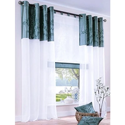 Abbildung von Gardine, mit Ösen, Farbe Petrol, Design Floral, Bestickt, Bordüre, Transparent, Voiele, Waschbar, Maße HxB 225x140 cm