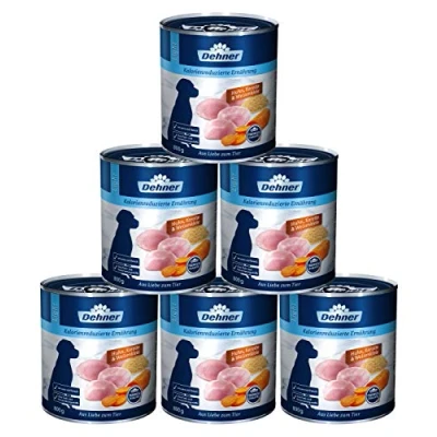 Abbildung von Dehner Premium Hundefutter Light, Nassfutter fettreduziert, für übergewichtige Hunde, Huhn / Karotte, 6 x 800 g Dose (4.8 kg)