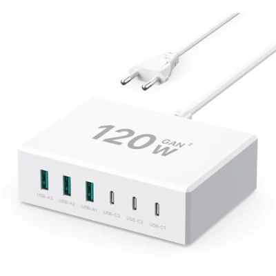 Abbildung von USB C Ladegerät 120W GaN，Mehrfach Ladegerät【3USB + 3USB A】 PD Ladegerät, 6 Port Ladestation Kompatibel mit iPhone/Samsung/Google/Tablet/Mobil Power und Anderen Geräten (Weiß)