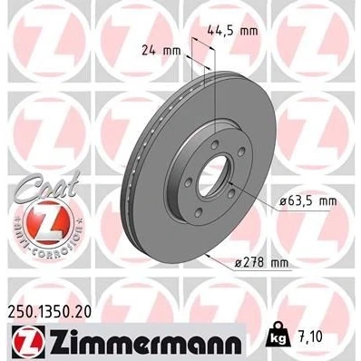 Abbildung von ZIMMERMANN COAT Z 250.1350.20 Bremsscheibe 278 24 5/5 5 108 innenbelüftet beschichtet FORD: Transit Connect Mk1 Kastenwagen, Tourneo