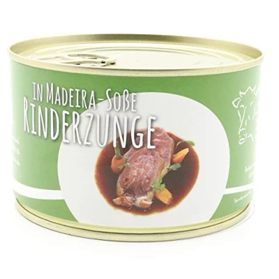 Abbildung von Konserve Diem Rinderzunge Madeira Sauce Dose in Rotweinsoße Belgische Spezialität 240g Fleischeinwage lange haltbar Madeirasoße 400g