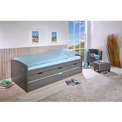 Abbildung von Inter Link Funktionsbett Kinderbett Einzelbett mit Stauraum Bett Schubladen 2 Liegeflächen 90x200cm 3 Kiefer massivholz ohne Lattenrost Grau lackiert Rieka