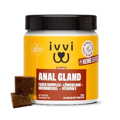 Abbildung von ivvi Anal Gland Snacks zur Unterstützung der Analdrüsen bei Hunden. Enthält Kürbisfleisch, Flohsamenschalen, Leinsamen, Löwenzahn, Brennessel und Präbiotika. 60 (270g) mit Erdnussbutter