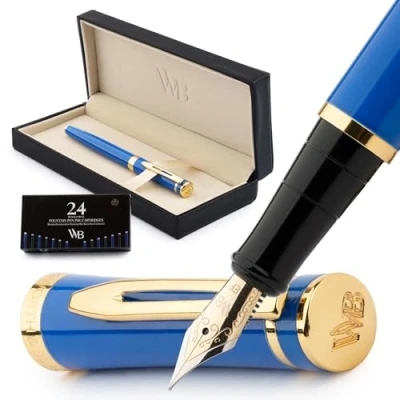 Abbildung von Wordsworth &amp; Black Füllfederhalter Set, 18K Gilded Extra Fine Nib, inkl. 6 Pack Tintenpatronen,Tintenkonverter Geschenkbox, Gold Finish, Kalligraphie, [Imperial Blue], perfekt für Männer&amp;Frauen