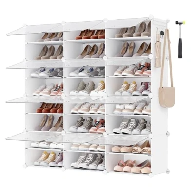 Abbildung von SONGMICS Schuhregal mit 12 Fächern, Schuhschrank, 30 x 40 cm pro Fach, schmal, Türen, Stahlrahmen, Kunststoff, für Flur, Schlafzimmer, Eingangsbereich, weiß LPC040W01