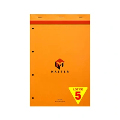 Abbildung von Clairefontaine 10754C Packung mit 5 Schreibblöcken Calligraphe Master kopfseitig geheftet, 4 fach gelocht, DIN A4+ 21x31,8 cm, 40 Blatt, französische Lineatur, 80g, Orange, 1 Pack