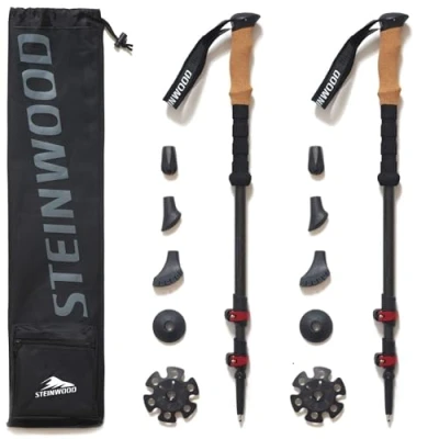 Abbildung von Steinwood Premium Carbon Wanderstöcke Trekkingstöcke verstellbar mit Teleskop und Klemmverschluss extra Gummipuffer Tragebeutel (2 Paar)