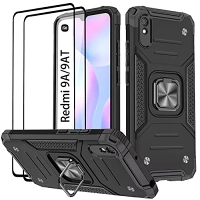 Abbildung von KANSi Hülle kompatibel für Xiaomi Redmi 9A / 9AT, Schutzfolie [2 Stück] Silikon TPU Hart PC Handy Hüllen 360 Grad Drehbar Ringhalter Bumper Stoßdämpfung Schutzhülle Schwarz