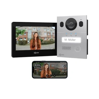 Abbildung von GOLIATH Basic Video Türsprechanlage, 2 Draht Bus, 7 Zoll Monitor, Aufputz Türklingel mit Kamera, Gegensprechanlage Türöffner und Klingel, 1 Familienhaus, Plug &amp; Play, Smartphone App, AV BLS 03A