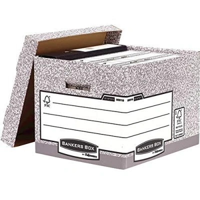 Abbildung von BANKERS BOX Archivbox mit Deckel, System Serie, extra stabil, für Ordner/Ringbücher/Archivschachteln/Hängemappen, aus 100% recycelter Wellpappe, Farbe: grau/weiß, 10 Stück