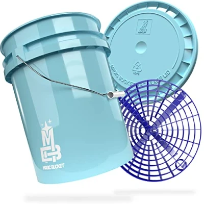 Abbildung von MAGIC BUCKET Auto Handwäsche Bundle Wascheimer Mit passendem Eimer Deckel 5 US GALLONEN ca. 20 Liter Grit Guard Eimereinsatz Schmutzsieb Waschset Baby Blau/Blau