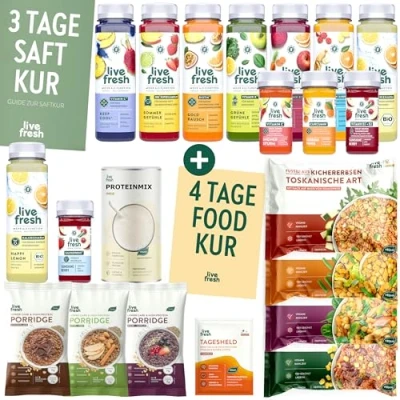 Abbildung von LiveFresh Saftkur 3 Tage + Foodkur 4 21 Säfte, 9 Shots kaltgepresst Porridges, Proteinpulver, Fertiggerichte &amp; Vitaminkapseln Vegan Laktosefrei Inkl. 5,25 Pfand