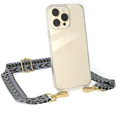 Abbildung von EAZY CASE Handykette Verstellbarer Trageriemen kompatibel mit iPhone 14 Pro Max, Schulterriemen, dünner Riemen, Handykordel Hülle, Schultertasche, Lila/Grün Clip Gold