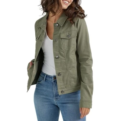Abbildung von Wrangler Authentics Damen Stretch Denim Jacket Jeansjacke, Oliv/Blatt für Mich (Leaf It to Me), S