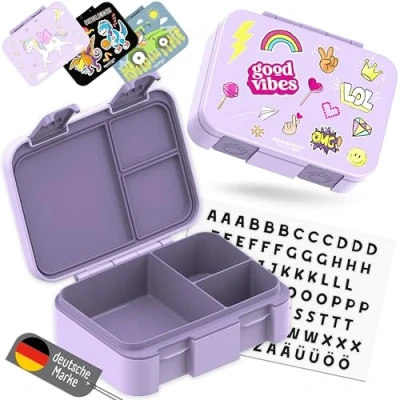 Abbildung von BEARFOOT Lunchbox Brotdose mit Fächern, leicht &amp; auslaufsicher Sticker lila, PP, ABS, Silikon, Kindergarten und Schule Mädchen Jungen, Vesperbox, Snackbox