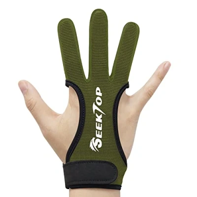 Abbildung von Seektop Traditioneller Bogenschießen Schießhandschuh, 3 Finger Schutz Handschuhe für Kinder Jugend Erwachsen Anfänger schießen (Grün, L)