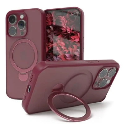 Abbildung von EAZY CASE MagSafe Handyhülle für iPhone 15 Pro kompatibel mit Hülle Ständer 360 Ring &amp; Magnetfunktion zum Aufstellen stoßfest Cover in Dunkel Rot