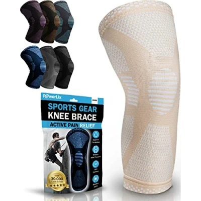 Abbildung von POWERLIX Kniebandage für Damen/Männer, Kompression Kniestütze Meniskusriss, Arthritis, Linddert Kniescherzen, ACL, Laufen, Gewichtheben, Basketball, Volleyball, Sport, Beige, XL