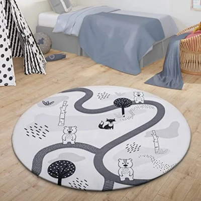 Abbildung von TT Home Teppich Kinder Kinderzimmerteppich Kinderteppich Babymatte Straße Bär Fuchs Baum, Farbe: Grau Weiß, Größe:120 cm Rund