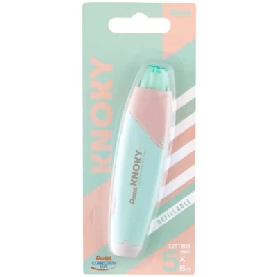 Abbildung von Pentel XZTT805K WY Knoky Korrekturband mit Druckmechanik, ergonomische Form, nachfüllbar,Länge 6m, Breite 5mm, Gehäusefarbe hellgrün, 1VE= 12 Blisterkarten