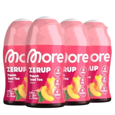 Abbildung von MORE Zerup, Peach Iced Tea, 4 x 65 ml, für bis zu 32 l Fertiggetränk, zuckerfreier Sirup mit echten Fruchtextrakten, vegan, zero Kalorien made in Germany