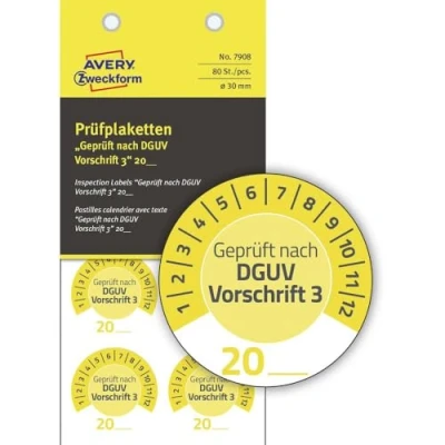 Abbildung von AVERY Zweckform 80 Stück Prüfplaketten Geprüft nach DGUV Vorschrift 3 20 (mit Jahreszahl zum selber eintragen, widerstandsfähig, selbstklebend, 30 mm, Prüfaufkleber, Prüfsiegel aus Vinyl) 7908 gelb