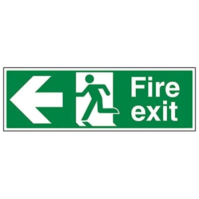Abbildung von vsafety 14003bj s Fire Exit Schild, Pfeil links, selbstklebend, Landschaft, 450 mm x 150 mm, grün