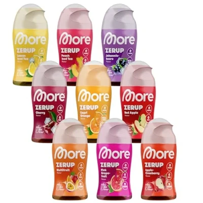 Abbildung von MORE Zerup, mixed 9er Bundle, 9 x 65 ml, verschiedene Sorten, für bis zu 72 l Fertiggetränk, zuckerfreier Sirup mit echten Fruchtextrakten, vegan, zero Kalorien (Sorten können variieren)