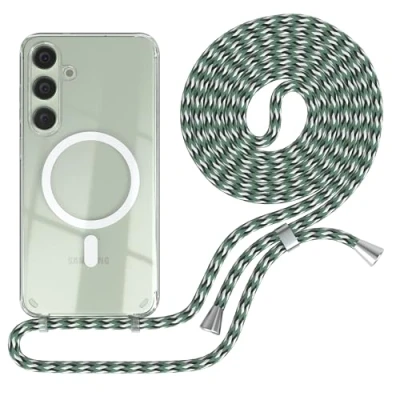 Abbildung von EAZY CASE Handykette kompatibel mit Samsung Galaxy S24 Plus Kette zum Umhängen Stoßfest Handyhülle für Silikon Hülle Band Transparent Hell Grün Camouflage Clips Silber