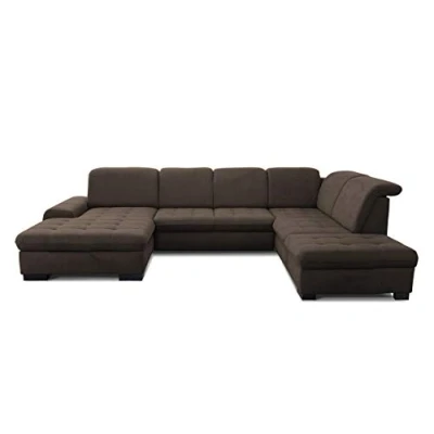 Abbildung von CAVADORE Wohnlandschaft Lexi / Große U Form mit XXL Longchair links und Kopfteilverstellung Leichte Fleckenentfernung dank Soft Clean 329 x 82 99 224 Flachgewebe: Braun