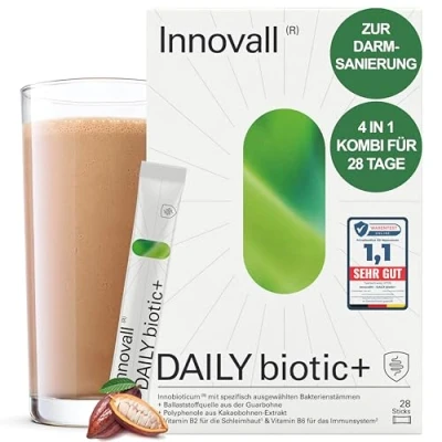 Abbildung von Innovall DAILYbiotic+ Darmsanierung mit dem 4in1 Superfood für Darmflora, Mikrobiom &amp; Darmgesundheit Bakterienkulturen/Darmbakterien (Milchsäurebakterien Bifidobakterien) Präbiotika Pulver